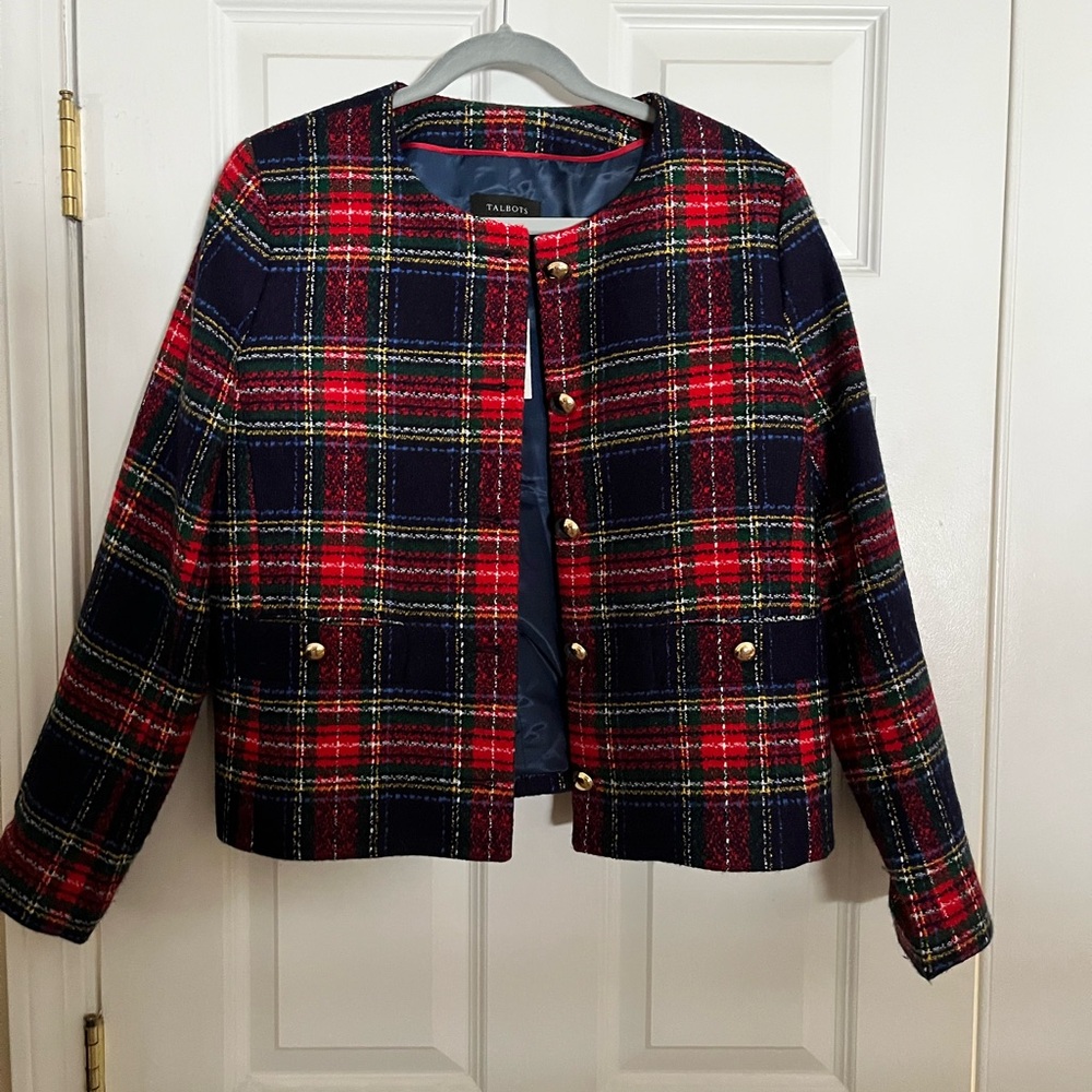 Talbots Red and Blue Blazer with Cropped Style and Modern Design